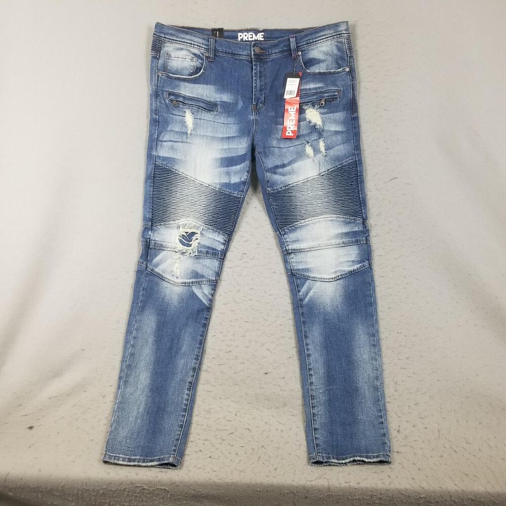 Preme Jeans Mens 40x34 Blue Moto Biker Distressed‎ Slim Fit Denim PR-898-721